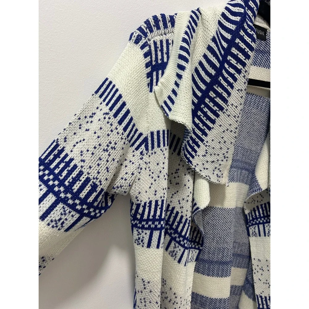 Lulu Fushi Blue White Geometric Open Front Waterfall Cardigan Sweater Small